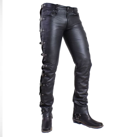 Men's Black Buckle Leather Pants - Gothic Biker Leather Trousers