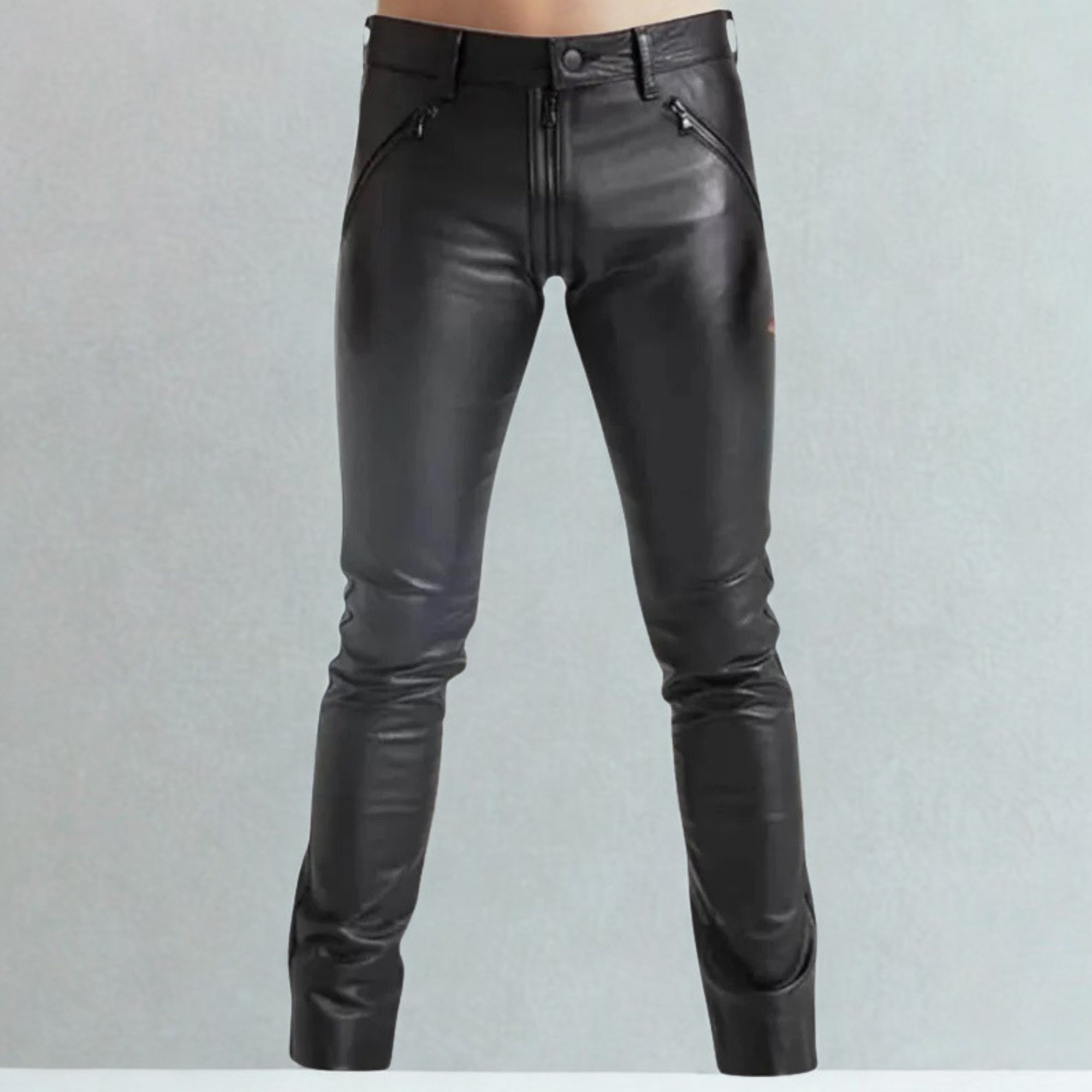 Treven Leather Men's Black Genuine Leather Pants | Slim Fit Biker Pants with Back Zipper