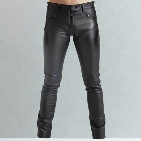 Treven Leather Men's Black Genuine Leather Pants | Slim Fit Biker Pants with Back Zipper