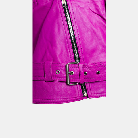 Womens Classy Belted Hot Pink Leather Jacket