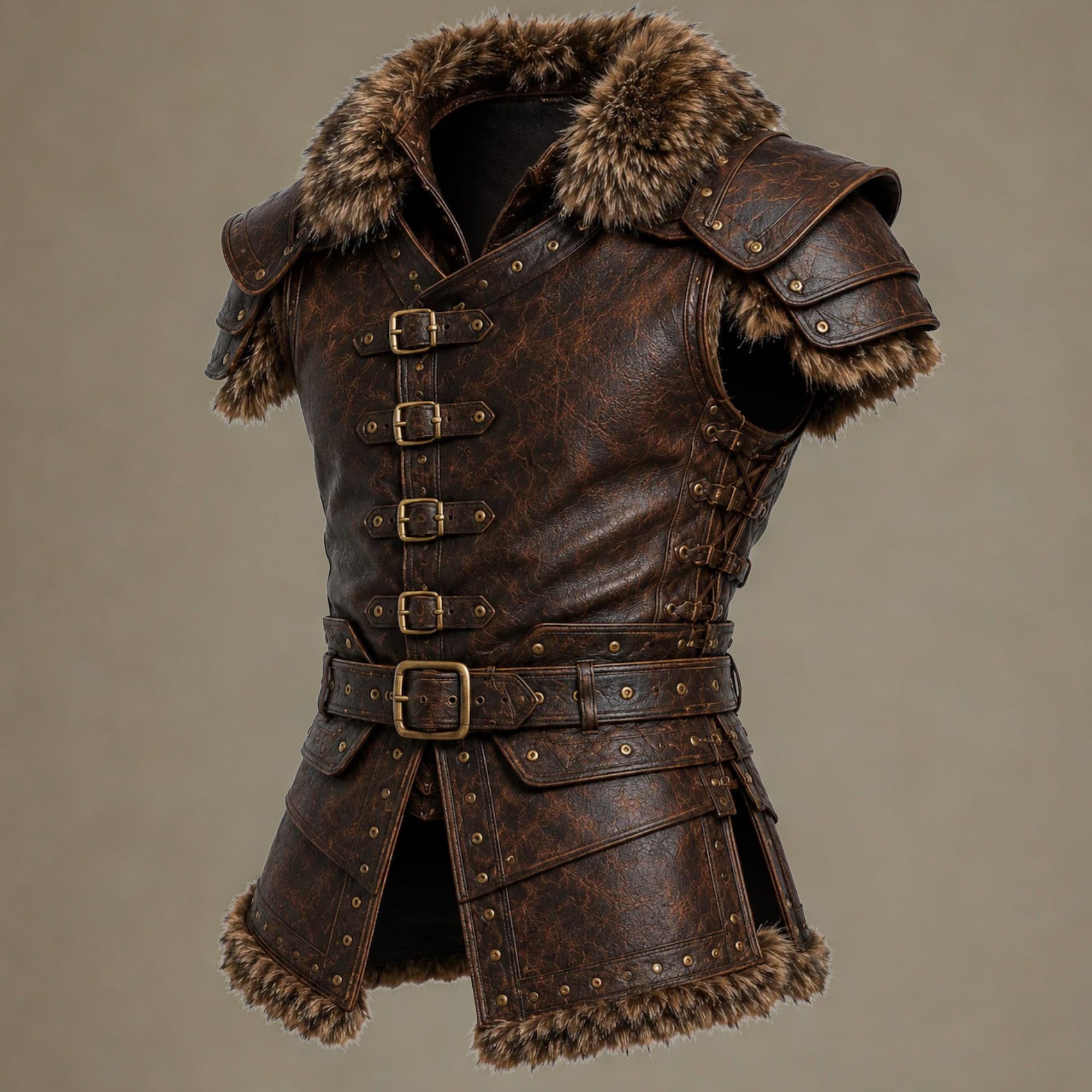 Men's Brown Viking Leather Vest - Barbarian Warrior Armor Waistcoat with Fur