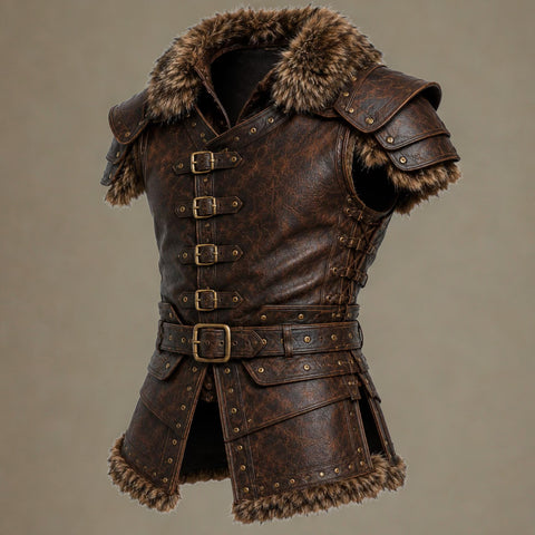 Men's Brown Viking Leather Vest - Barbarian Warrior Armor Waistcoat with Fur