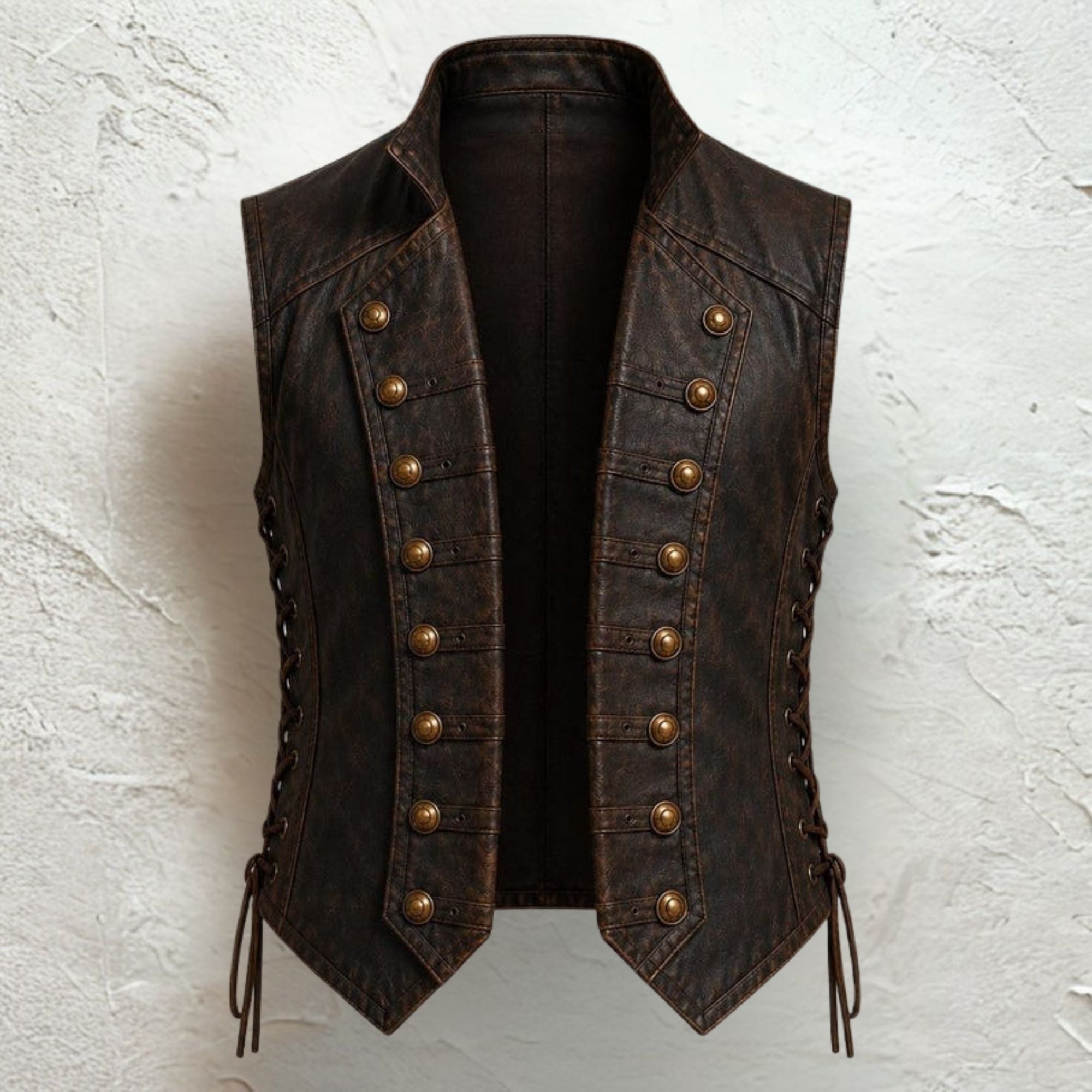 Men's Black Leather Vest Vintage Military - Pirate Double Button Waistcoat