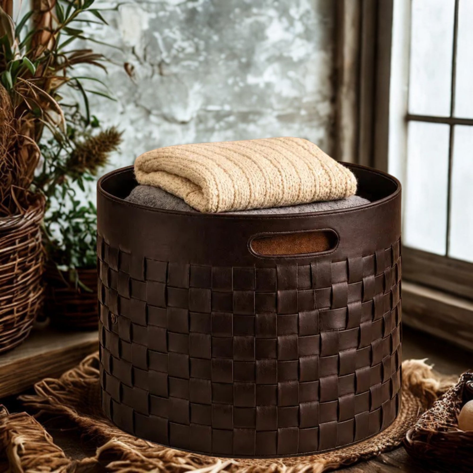 Black Woven Leather Storage Basket - 4 Sizes | Blanket Hamper