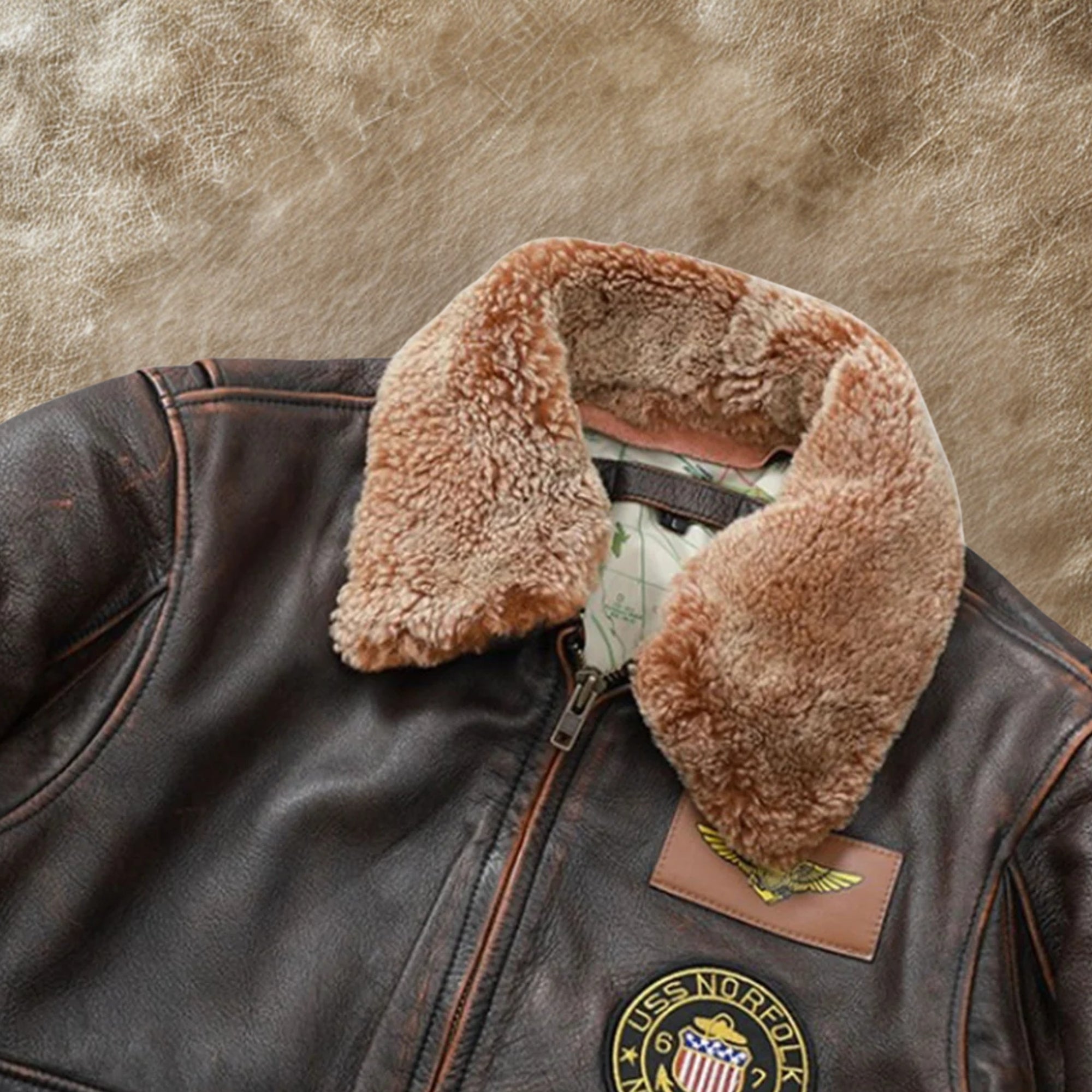 Men's Brown G-1 Top Gun Aviator Bomber Jacket - Shearling Leather Flight Jacket with Patches