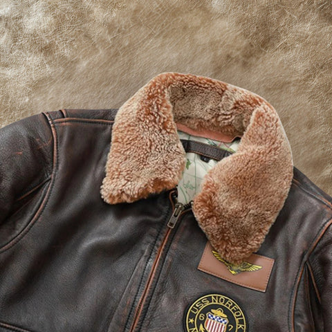 Men's Brown G-1 Top Gun Aviator Bomber Jacket - Shearling Leather Flight Jacket with Patches