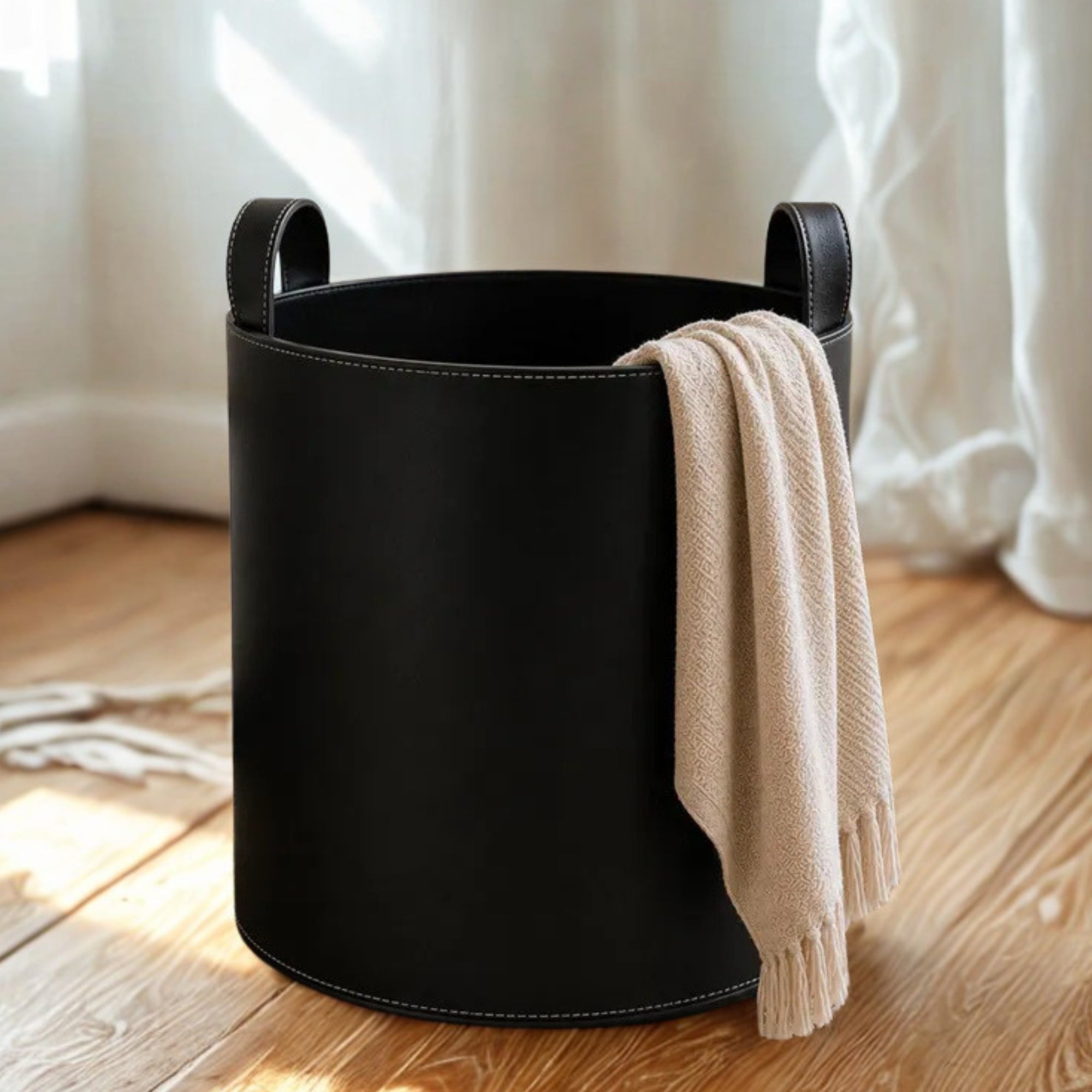 Genuine Leather Storage Basket with Handles – Blanket Basket, Laundry & Home Organizer