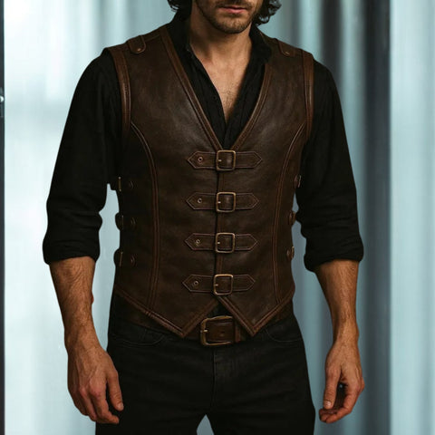 Men's Brown Leather Buckle Vest | Vintage Western Waistcoat | Treven