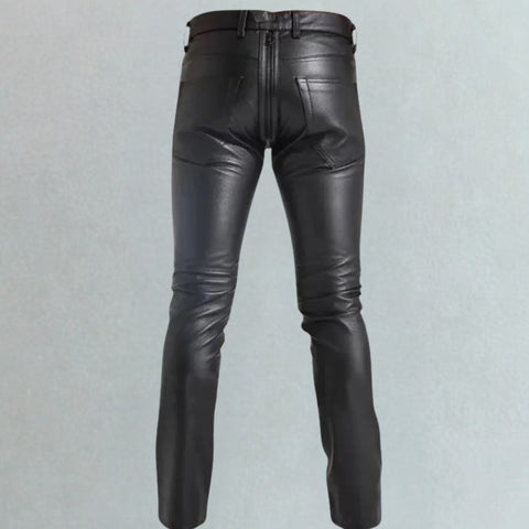 Treven Leather Men's Black Genuine Leather Pants | Slim Fit Biker Pants with Back Zipper
