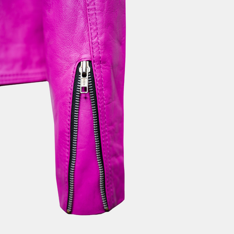 Womens Classy Belted Hot Pink Leather Jacket