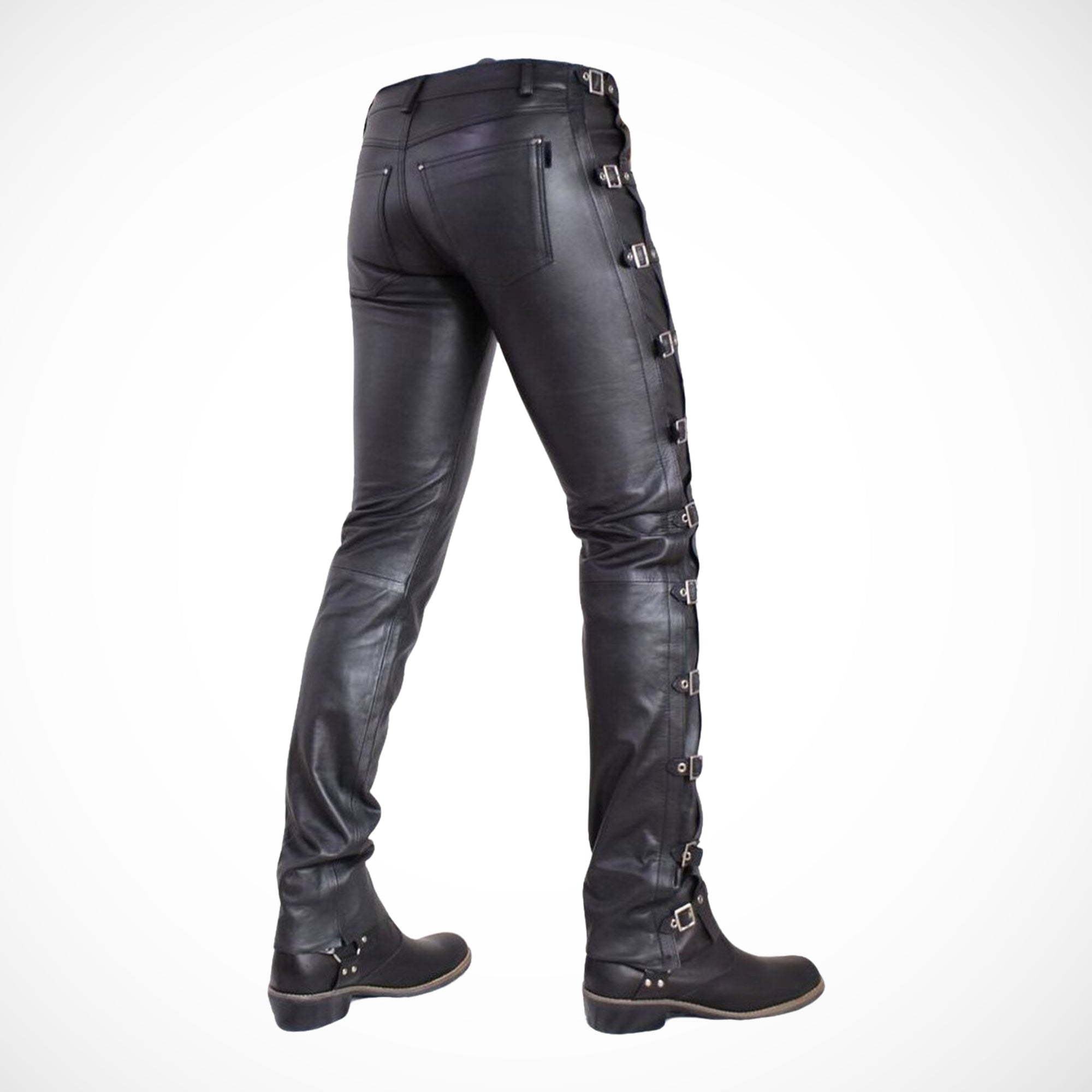 Men's Black Buckle Leather Pants - Gothic Biker Leather Trousers