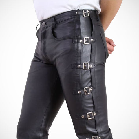 Men's Black Buckle Leather Pants - Gothic Biker Leather Trousers