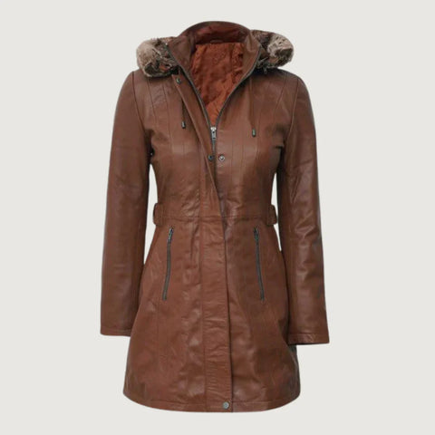 Womens Zipper Button Brown Leather Long Coat