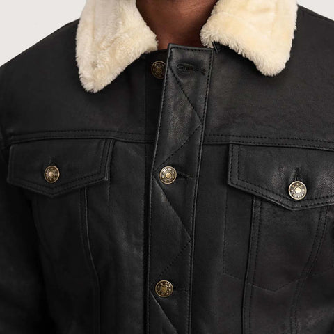 Dallis Distressed Black Leather Shearling Trucker Jacket