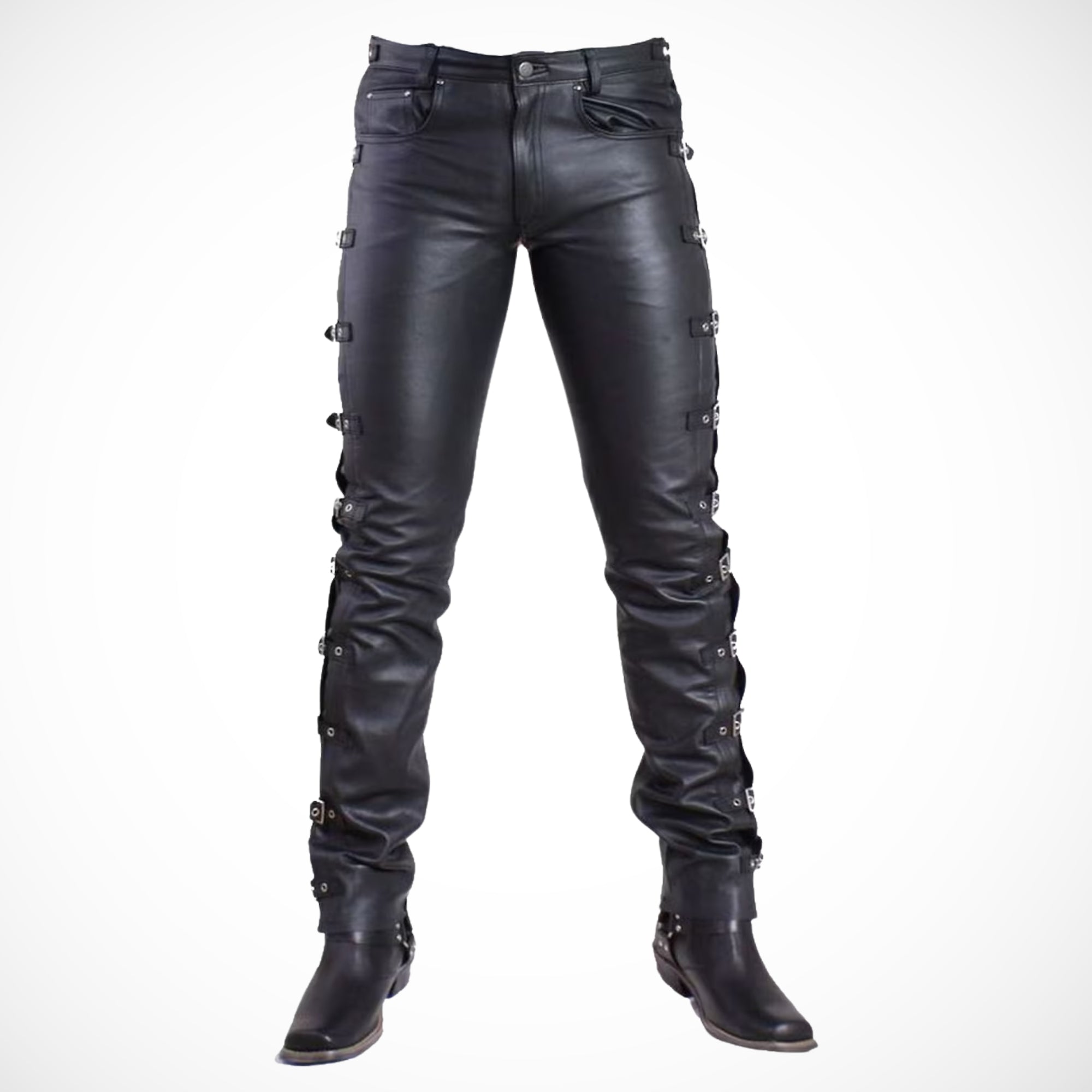 Men's Black Buckle Leather Pants - Gothic Biker Leather Trousers