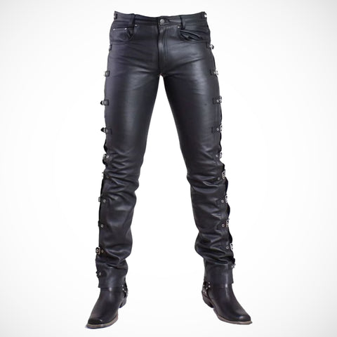 Men's Black Buckle Leather Pants - Gothic Biker Leather Trousers