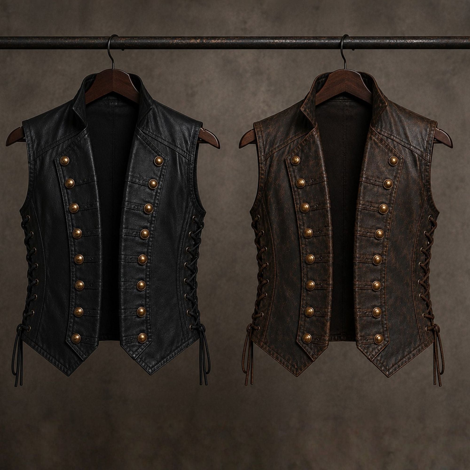 Men's Black Leather Vest Vintage Military - Pirate Double Button Waistcoat