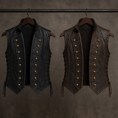 Men's Black Leather Vest Vintage Military - Pirate Double Button Waistcoat
