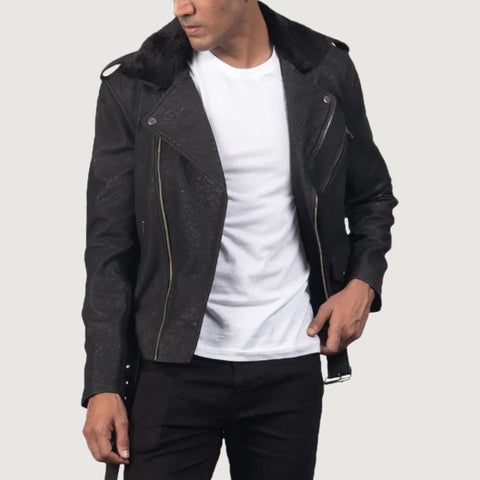 Furton Distressed Black Leather Biker Jacket