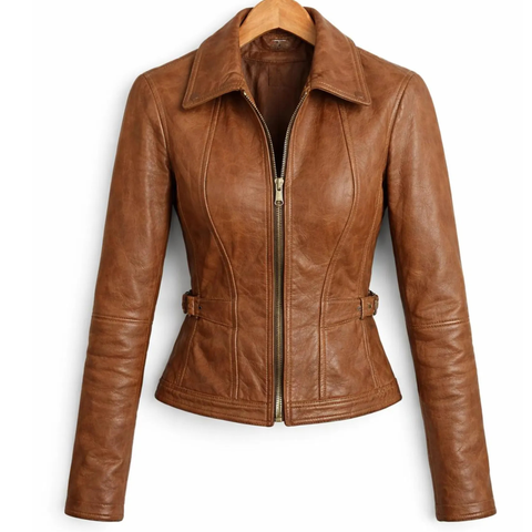 Women's Tan Brown Leather Moto Jacket - Zip Up Biker Jacket