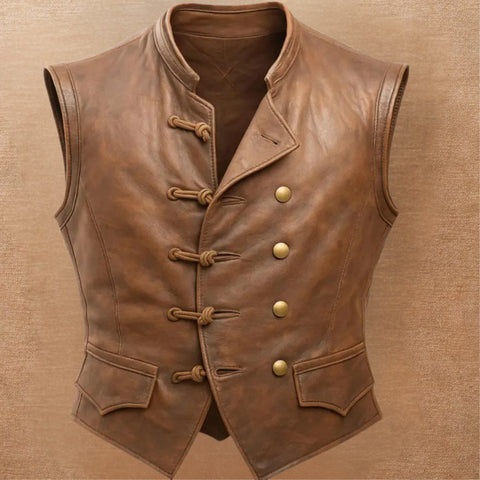 Men's Vintage Brown Leather Vest | Pirate Toggle Waistcoat | Treven Leather