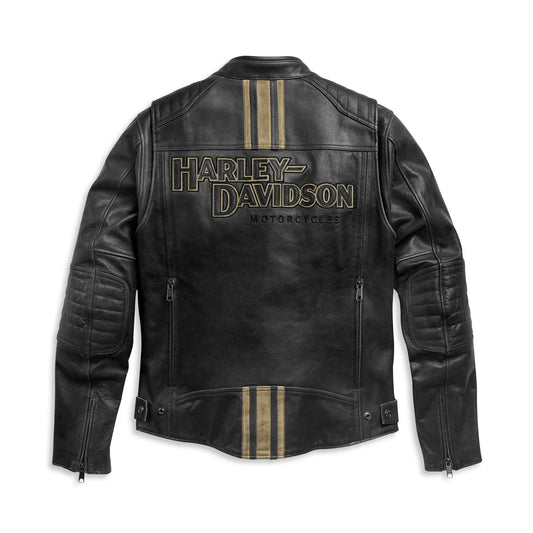 Harley Davidson  Men's Black Vintage Motorcycle Leather Jacket with Racing Stripe & Stand Collar