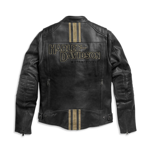 Harley Davidson  Men's Black Vintage Motorcycle Leather Jacket with Racing Stripe & Stand Collar