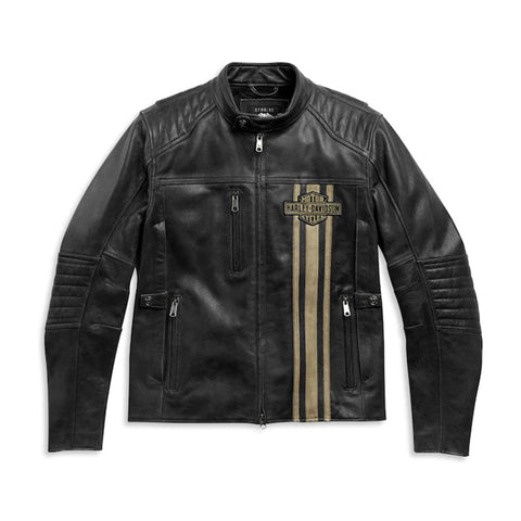 Harley Davidson  Men's Black Vintage Motorcycle Leather Jacket with Racing Stripe & Stand Collar