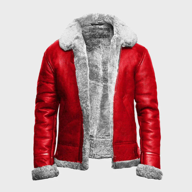 Holiday Christmas Red Bomber Aviator Jacket | Fur Collar Genuine Leather Jacket