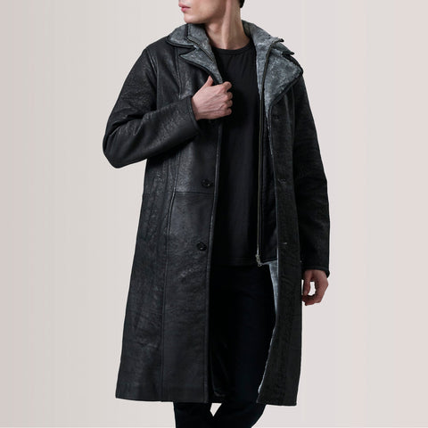 Cai Distressed Black Leather Shearling Coat