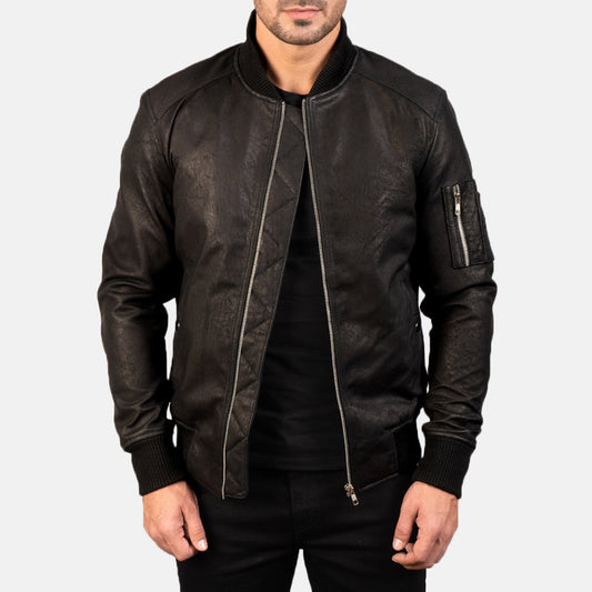 Bomia Distressed Black Leather Bomber Jacket