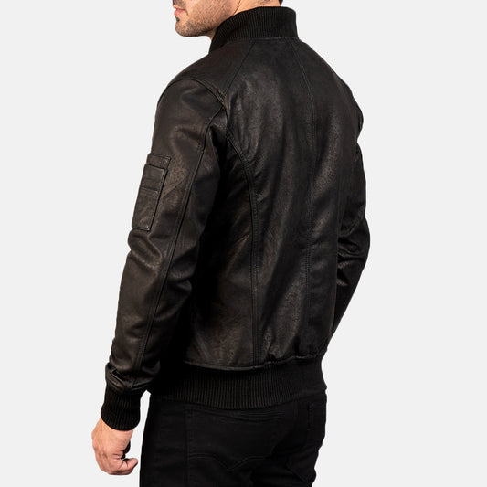 Distressed Black Leather Bomber Jacket