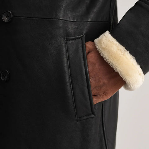 Charles Tumbled Black Leather Shearling Double-Breasted Coat