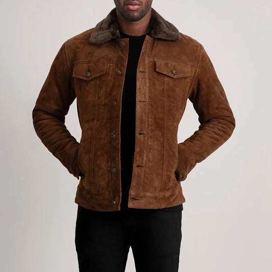 Dallis Brown Suede Shearling Trucker Jacket