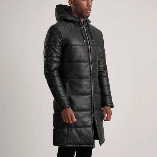Floyd Black Hooded Leather Puffer Coat