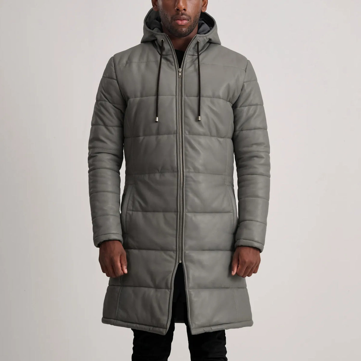 Floyd Grey Hooded Leather Puffer Coat