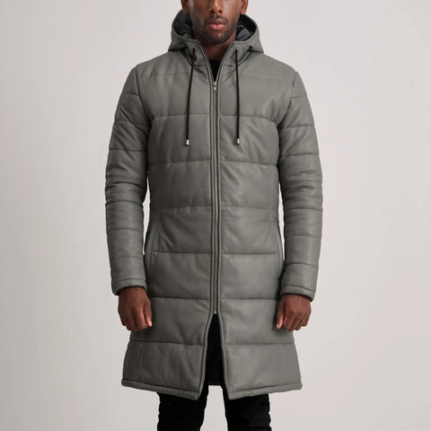 Floyd Grey Hooded Leather Puffer Coat
