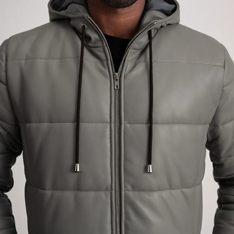 Floyd Grey Hooded Leather Puffer Coat