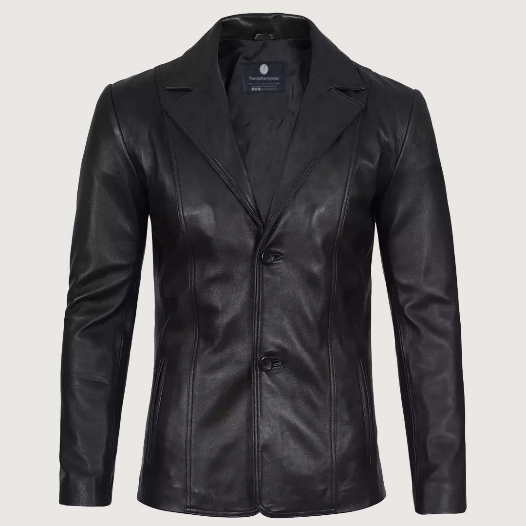 Men's Lapel Color Black Leather Blazer