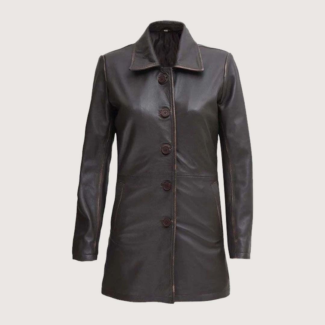 Dark Brown Women Leather Car Coat