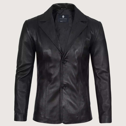 Men's Stylish Black Leather Blazer - Two Button