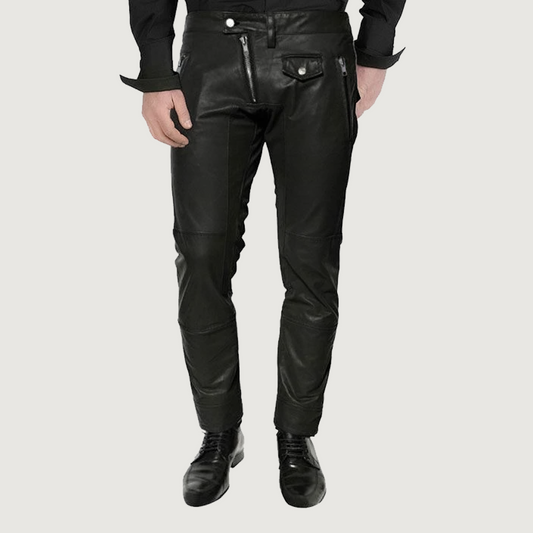 MEN CROSS FRONT ZIPPER LEATHER PANTS