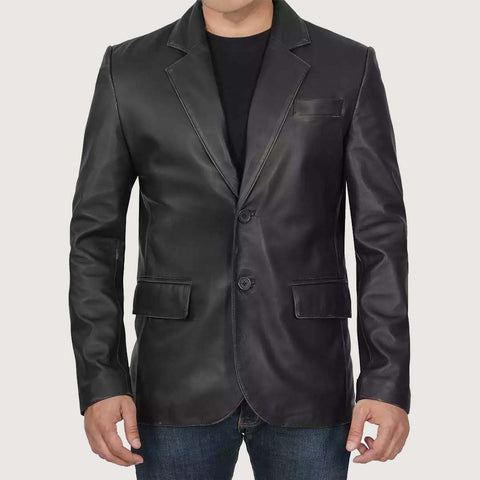 Mens Two Button Black Leather Blazer Jacket