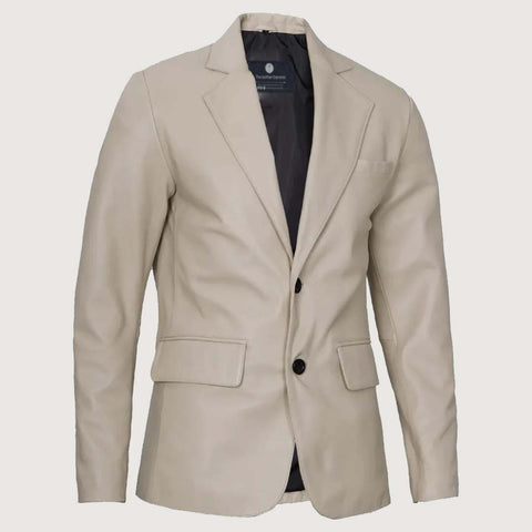 Mens Sports Beige Leather Blazer - Two Button