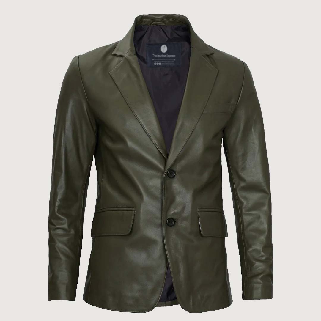Men’s Military Green Real Leather Blazer