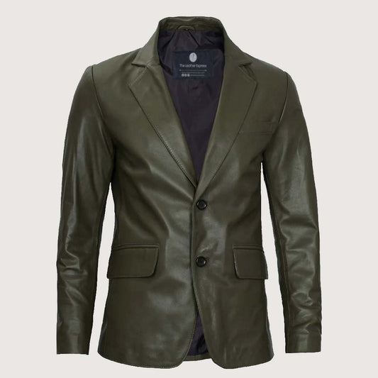Men’s Military Green Real Leather Blazer