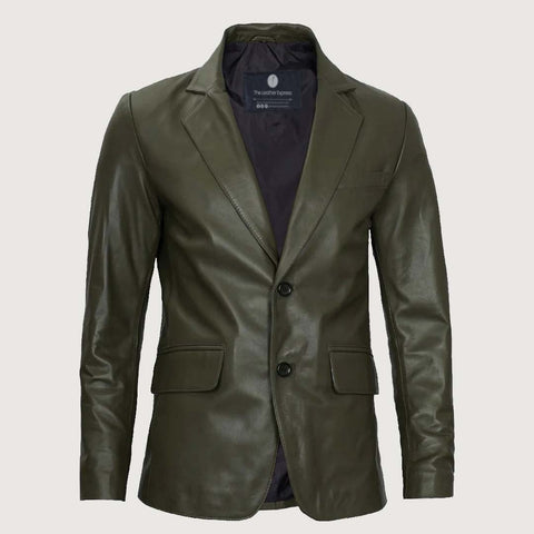 Men’s Military Green Real Leather Blazer