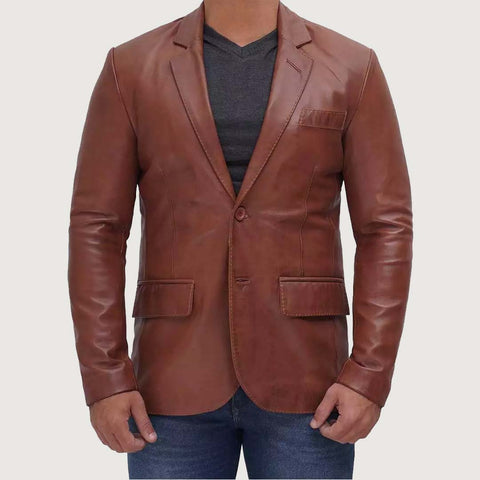 Mens Tan Outer Pocket Leather Blazer Jacket