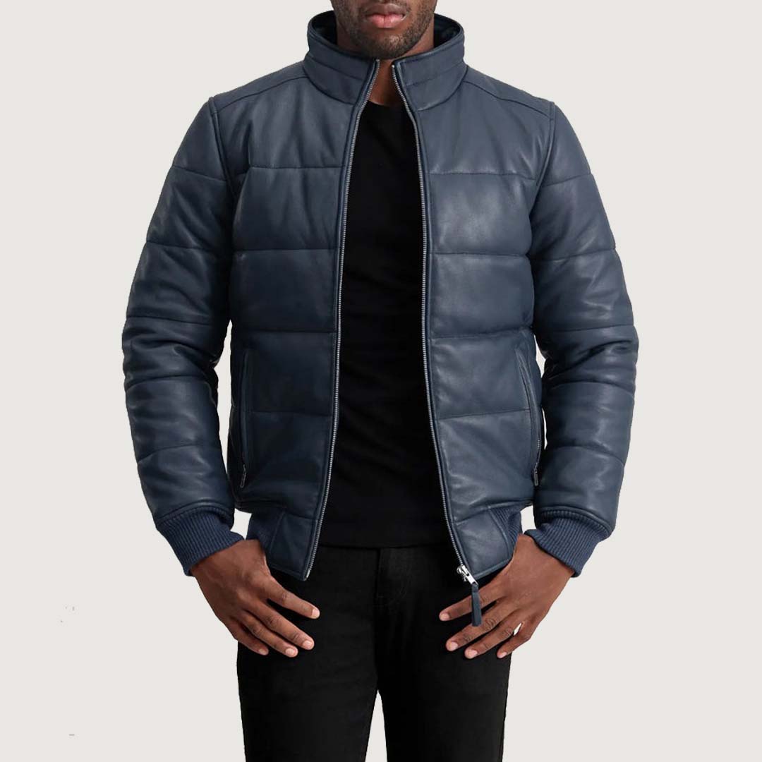 Lucas Blue Leather Puffer Bomber Jacke
