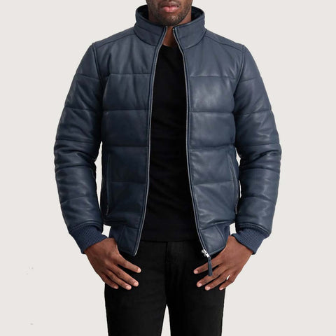 Lucas Blue Leather Puffer Bomber Jacke